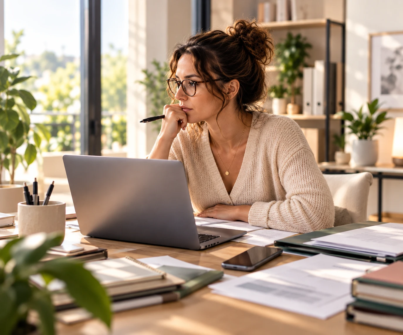 Une dirigeante pensive devant son ordinateur, entourée de dossiers