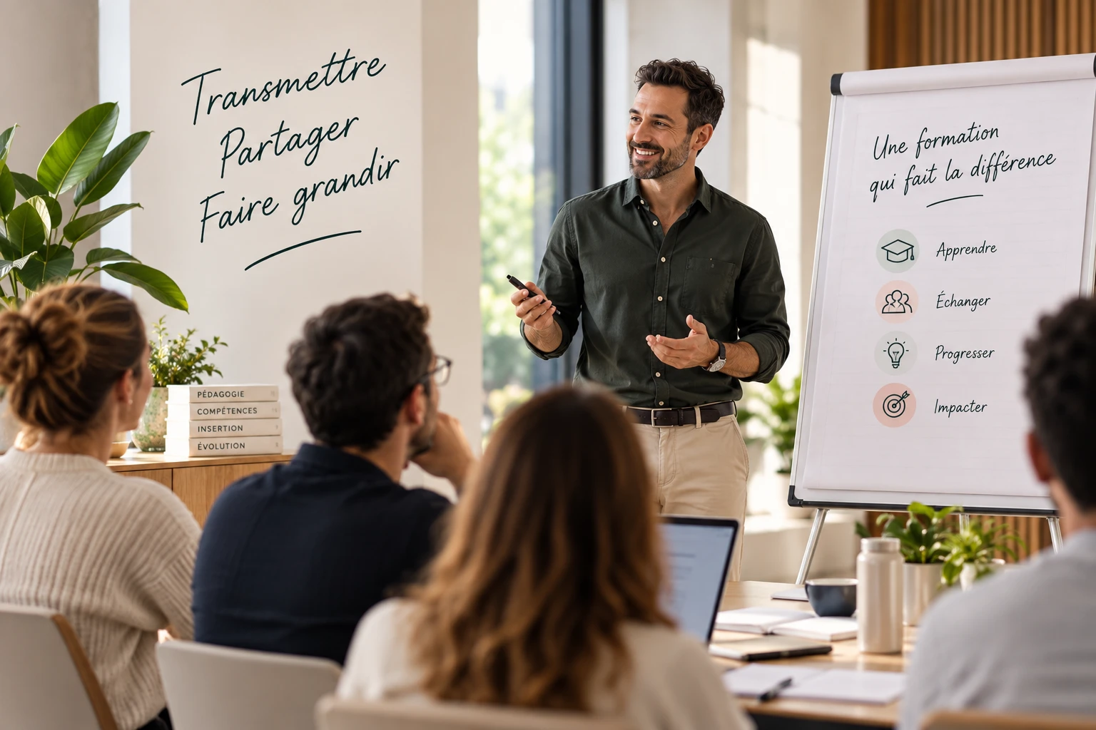 Un formateur anime une session devant un paperboard, face à un groupe d'apprenants