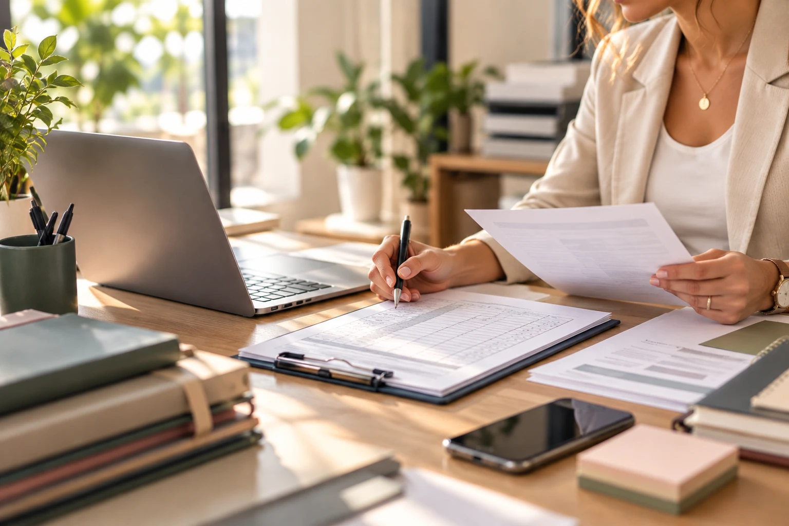 Mains remplissant un tableau de suivi sur un porte-documents, à côté d'un ordinateur portable